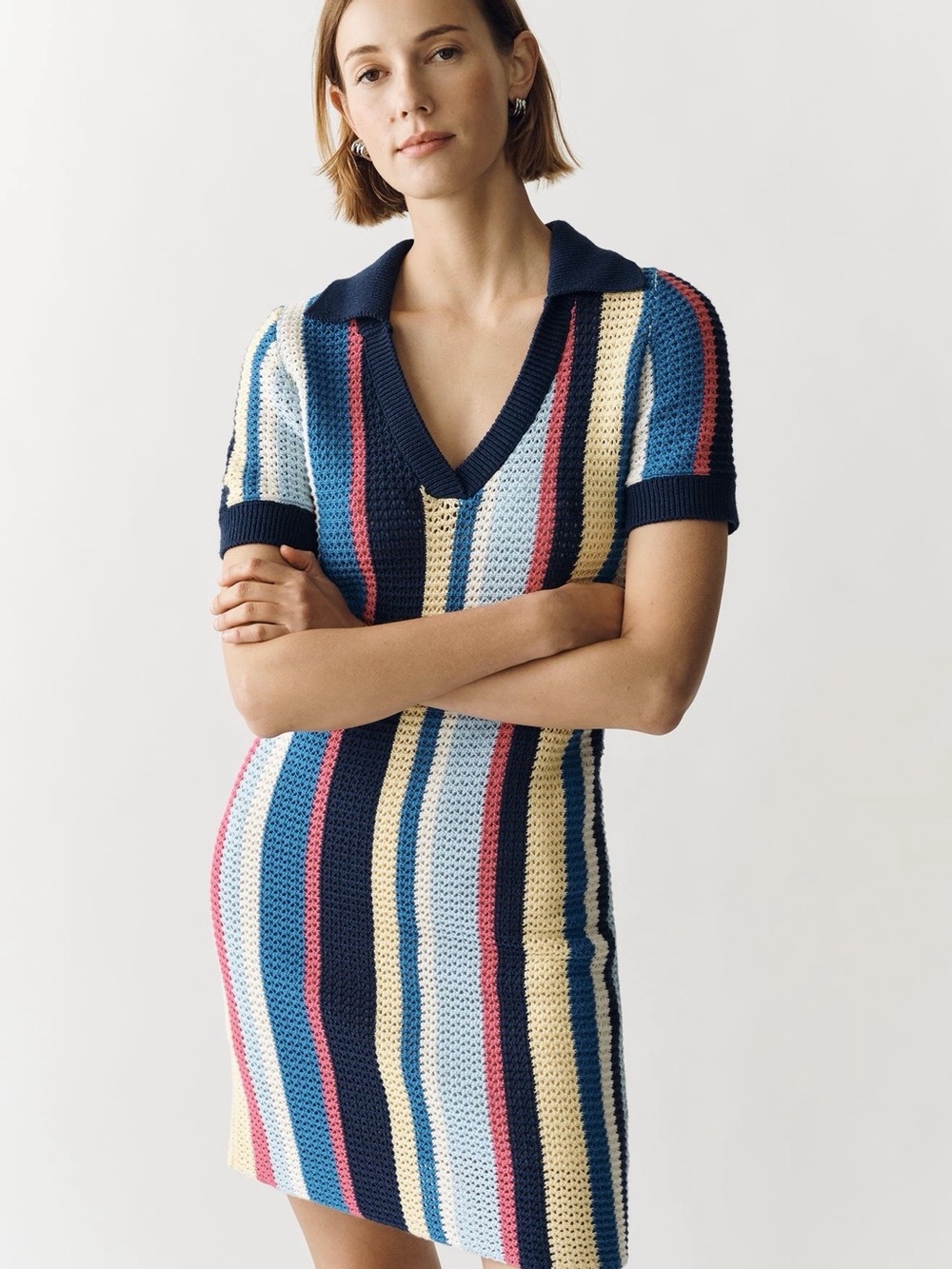 Maeve by Anthropologie Striped Knit Polo Dress in Navy, Blue, Pink & Cream - L